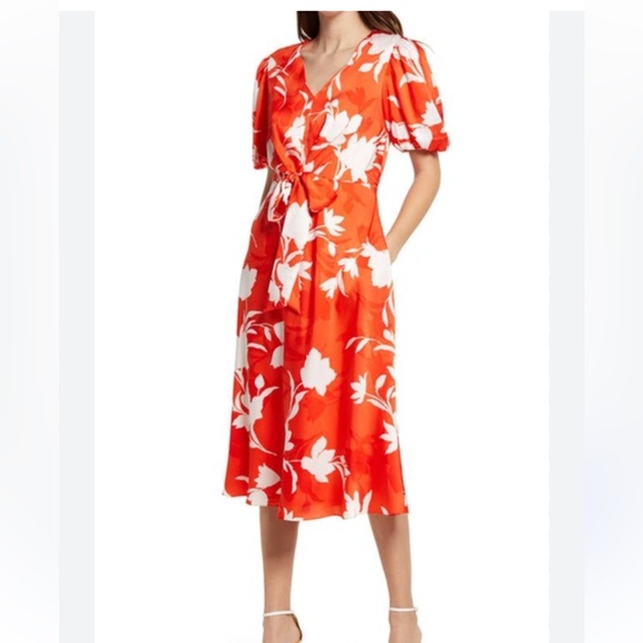 julia jordan Dresses & Skirts - NWT Julia Jordan orange and White Floral puff sleeve Midi Dress